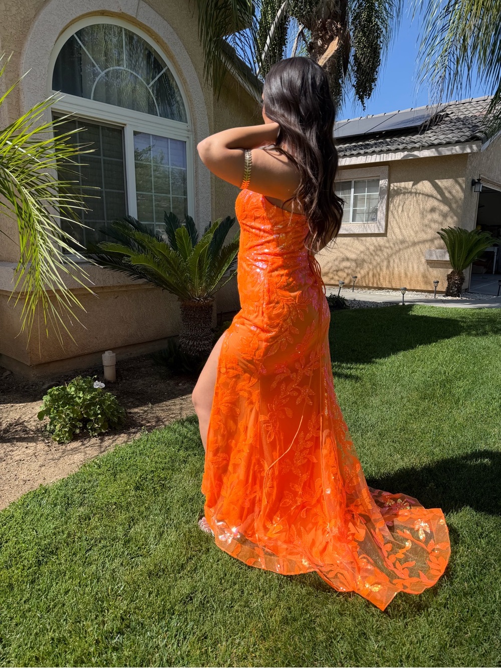 Orange Embroidered Spaghetti-Strap Prom Gown